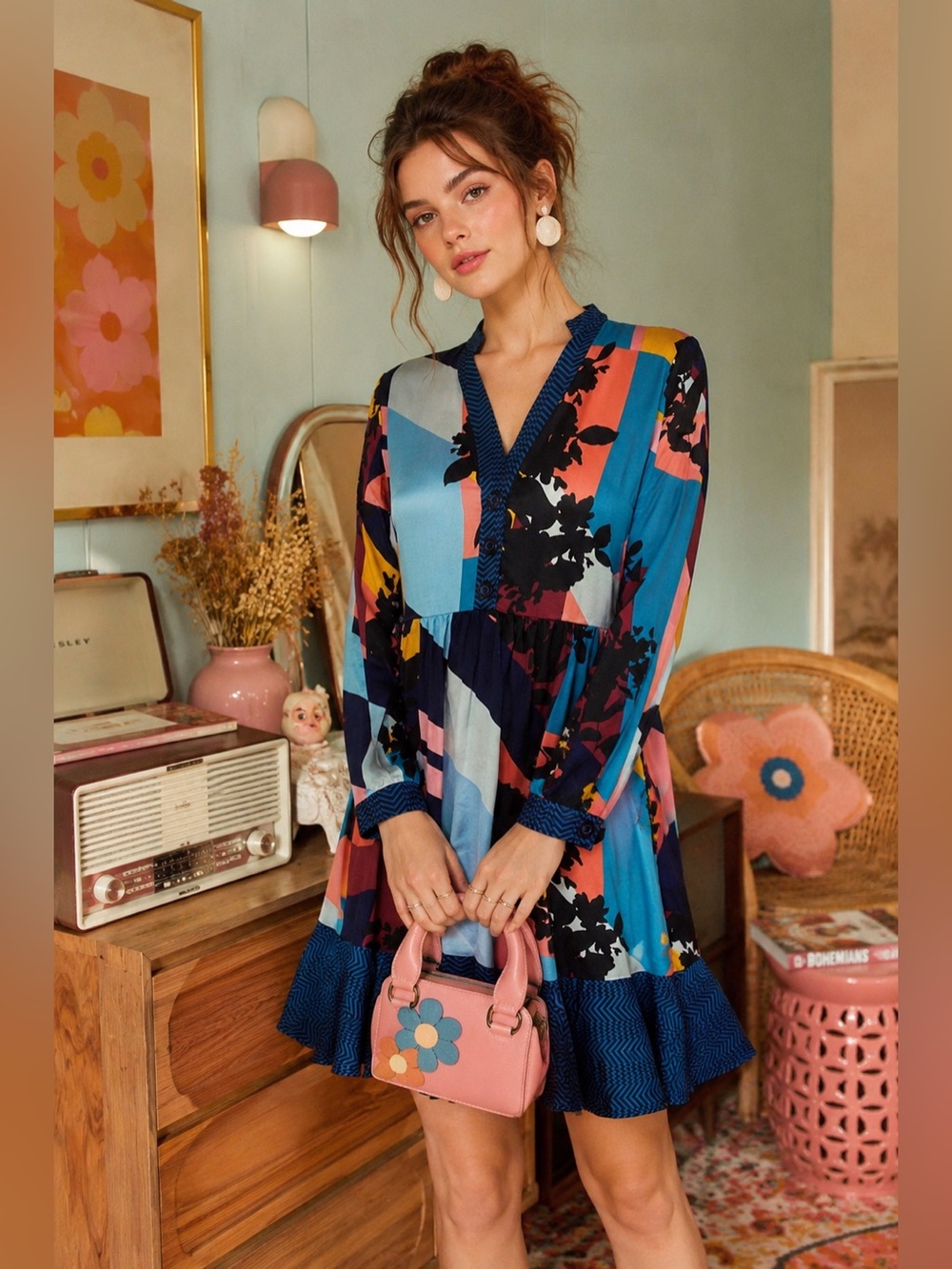 Anthropologie Maeve Gillian Abstract Colorblock Shirtdress XS Retro Mod Boho NWT